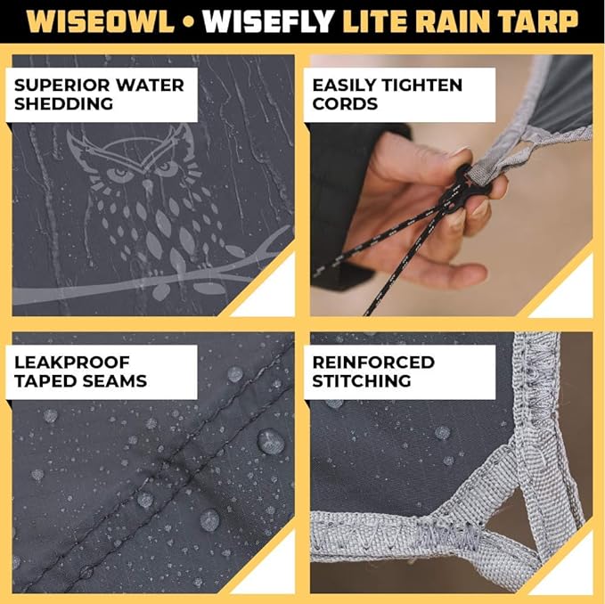 Wise Owl Outfitters Hammock Rain Fly – Waterproof Camping Tarp Cover with Tent Stakes & Carry Bag, Ultralight Shelter for Backpacking & Outdoor Shade