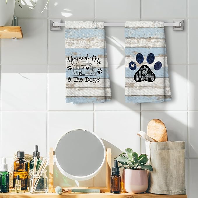 Blue You and Me and The Dogs Camping Kitchen Towels, Dog Kitchen Towels, RV Campsite Decor, Camping Supplies for RV Campers Campers Lovers Women Men 16x24 in Set of 2