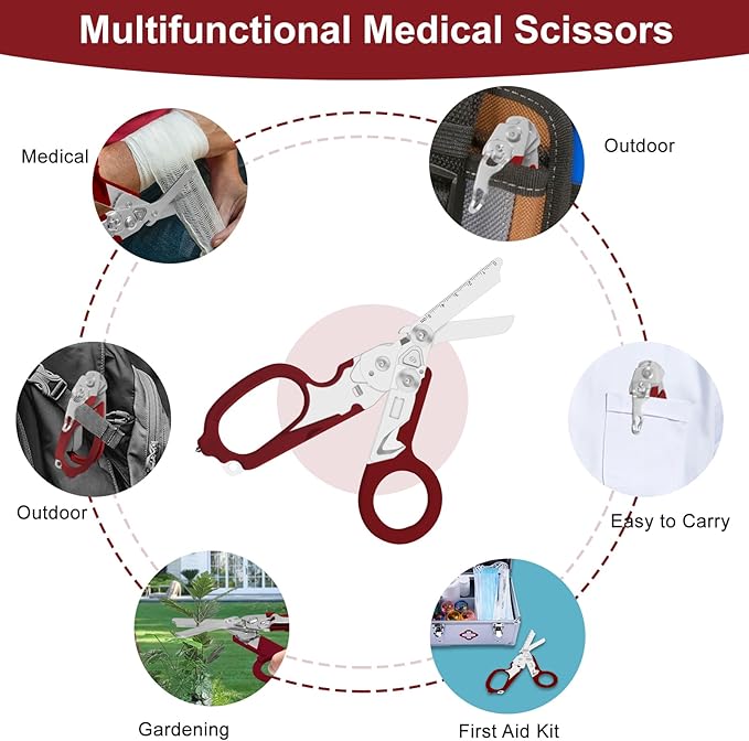 6 in 1 Multifunctional Combination Tool, Folding Retractable Emergency Shears, Outdoor Camping Tools, Seat Belt Cutter, Oxygen Cylinder Wrench, Complimentary Adjustable Wrench (red)