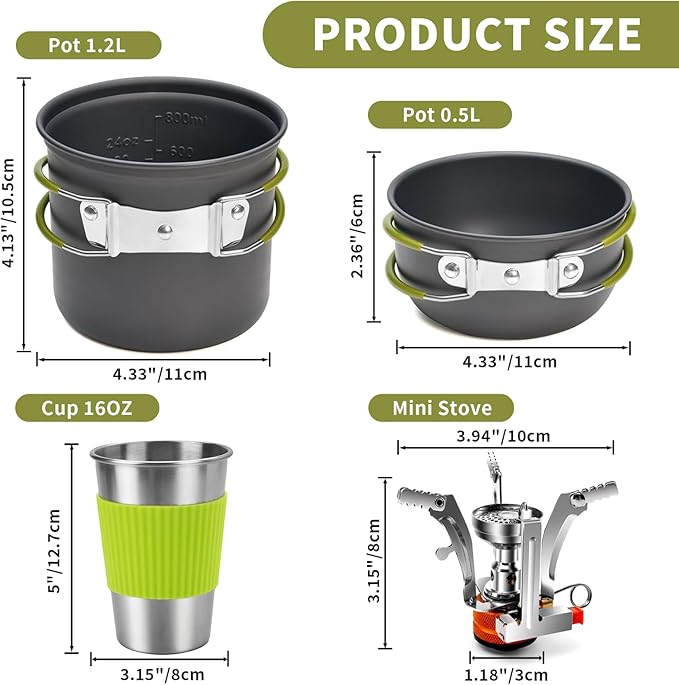aiGear 8pcs Camping Cookware Mess Kit, Camping Pot and Pan Set with Mini Backpacking Stove, Stainless Steel Cup, Spork and Tank Bracket, Cooking Gear for Hiking Camping Outdoor Picnic