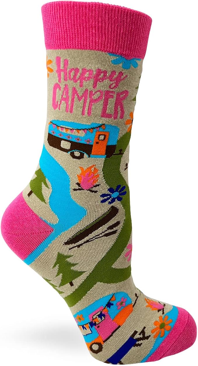 Fabdaz Happy Camper Camping Themed Women's Novelty Crew Socks - 1 Pair - 1 Size Fits Most