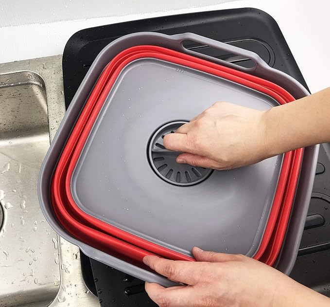 SAMMART 10L (2.64 Gallon) Collapsible Dishpan with Draining Plug - Foldable Washing Basin - Portable Dish Washing Tub - Space Saving Kitchen Storage Tray (1, Grey/Red)