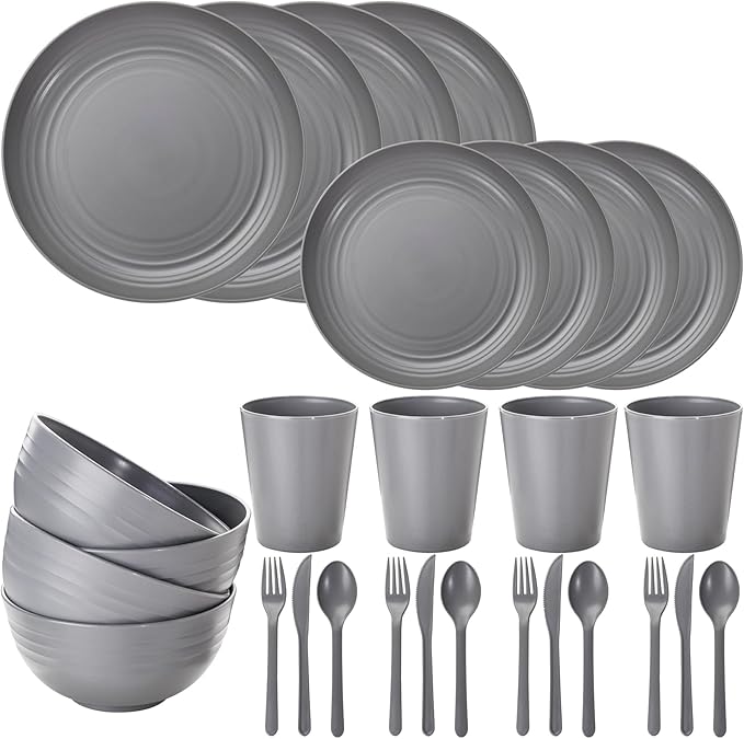 LIYH 28 Pcs Dark Grey Plates and Bowls Dinnerware Sets, Dish Set for 4, Unbreakable Reusable Plate, Wheat Straw Plates and Bowls Apply to Kitchen & Camping