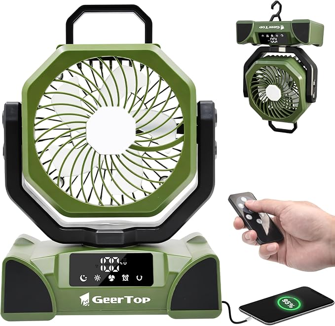 GEERTOP 20000mAh Portable Camping Fan Rechargeable, Battery Operated Tent Fans with LED Lantern for Outdoor Backpacking Travel