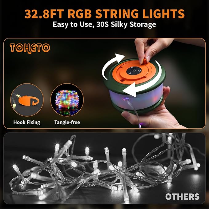TOHETO Camping String Lights, 3 in 1 Upgraded Retractable RGB Outdoor Tent Lights with 19 Modes, Quick 30s Recovery, 32.8 FT Portable, Rechargeable Camping Lantern (Green & Orange)
