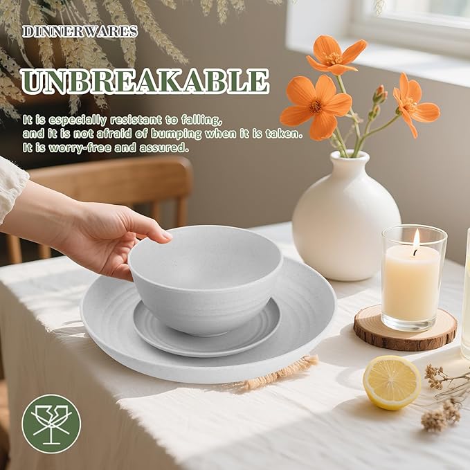 Wrova 32-piece Kitchen Alternative Plastic Wheat Straw Dinnerware Sets,Unbreakbale Dishwasher Safe Kitchen Bowls and Plates Sets with Cups,Modern Apartment Essential Dishes Set for 8.White Series