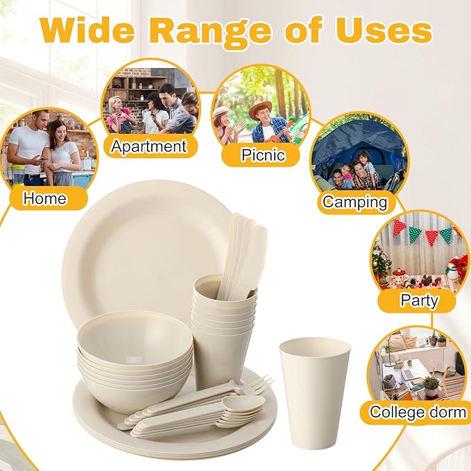 LemonRoad 6 Set College Dorm Dishes Essential Kit, Plates and Bowls Back to School Beige Room Dishes Set with Storage Mesh Bag Cup, Microwave Dinnerware Picnic for RV Camping
