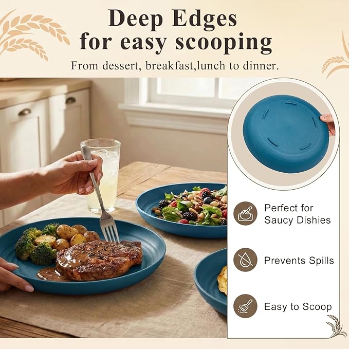 Deep Dinner Plates 11 Inch, Plastic Plates Reusable, Unbreakable Wheat Straw Plates Set of 8, Microwave and Dishwasher Safe Big Plate for Steak, Chicken, Casserole - Blue