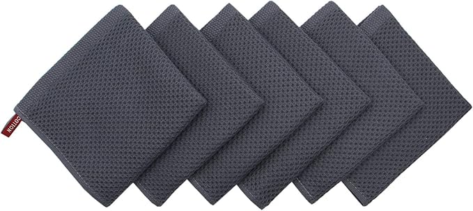 Mia'sDream Natural Cotton Tidy Dish Cloths Rags, Waffle Weave Towels, Soft and Absorbent Kitchen Hand Towel Washcloths, 12x12 inch 6 Pack (Dark Gray)