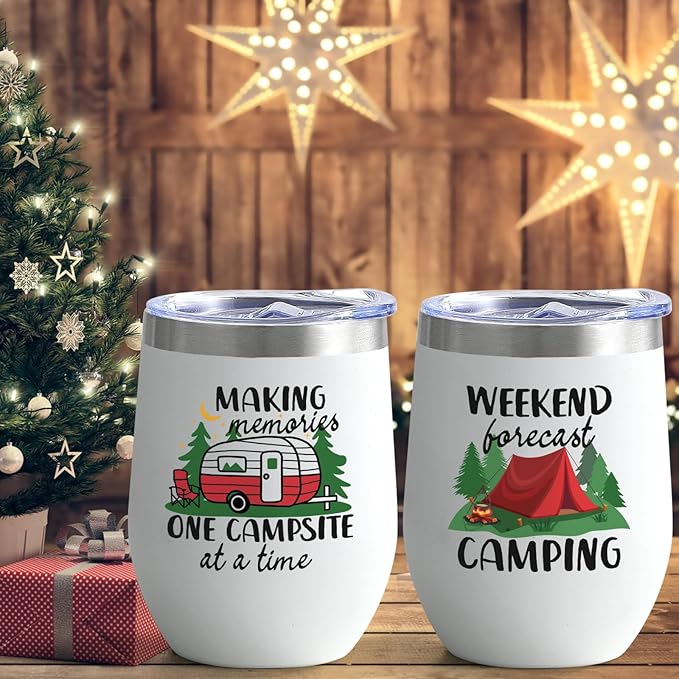 Lifecapido Camping Gifts 2 Pack Stainless Steel Wine Tumblers, Camper Holiday Birthday Christmas Gifts for Women Men Capmer RV Campers (12oz, White)