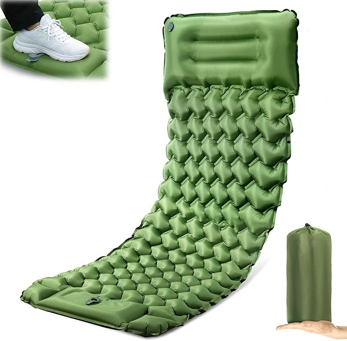 Camping Sleeping Pad, Extra-Thick Camping Mattress with Pillow, Built-in Foot Pump 3.56" Ultralight Inflatable Sleeping Pads for Camping Hiking Backpacking Traveling Tent, Green, Single
