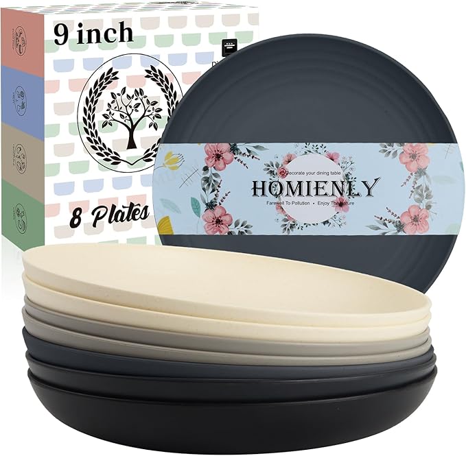 Homienly Wheat Straw Plates Set of 8, Reusable Lightweight and Unbreakable 9 inch Plates, Premium Microwave and Dishwasher Safe Plates for Kitchen, Camping, Picnic, Party - GreyStone