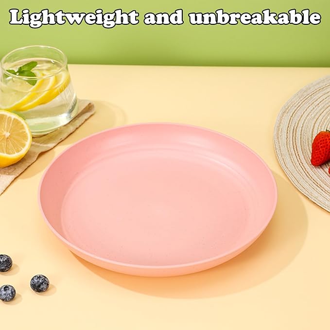 Wheat Straw Plates, Unbreakable Dinner Plates Set of 4, 8 Inch Plastic Plate Reusable, Dishwasher & Microwave Safe, Lightweight Salad Plates for Camping/Kitchen (Pink)