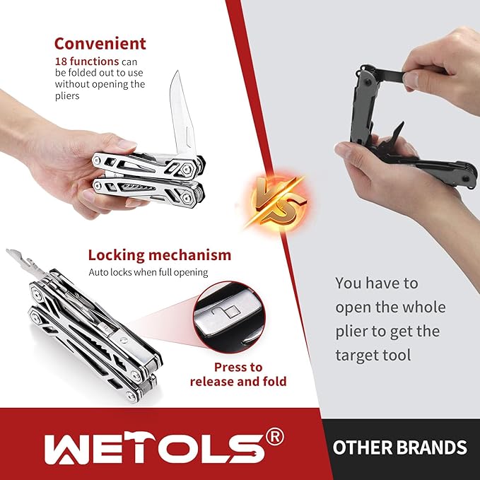 Multitool with Pocket Knife, Birthday Gifts for Men Women Mom Dad, WETOLS 21-in-1 Stainless Steel Pliers with Screwdrivers, Self-locking Multi tools with EDC Sheath, Ideal for Home, Camping, Survival