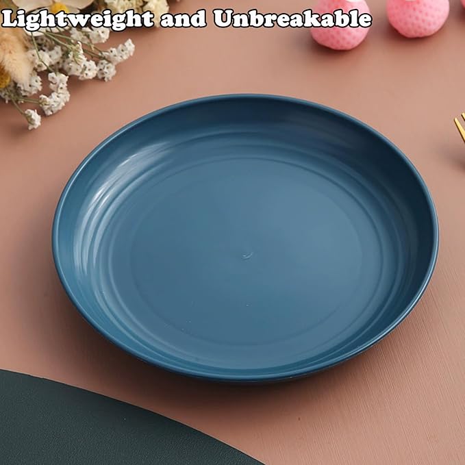 Wheat Straw Plates, Unbreakable Dinner Plate Set of 4, 8 Inch Plastic Plate Reusable, Dishwasher & Microwave Safe, Lightweight Salad Plates for Camping/Kitchen (Dark Blue)