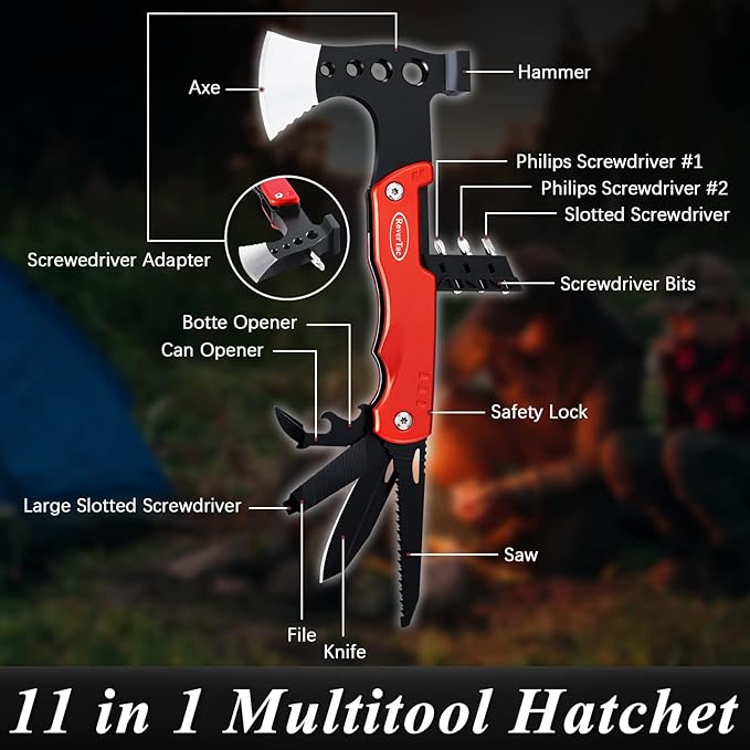 RoverTac 11-in-1 Multitool Axe Hatchet – Camping Gear with Knife, Hammer, Saw, Bottle Opener, Screwdrivers – Survival Tool with Nylon Sheath – Perfect Gifts for Men, Camping, Hiking, and Survival.