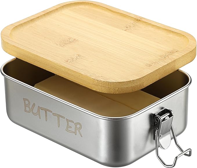 BSTKEY Butter Dish with Lid for Countertop, Stainless Steel Butter Holder Container with Silicone Sealing, Unbreakable Butter Keeper for Kitchen, Holds 1 Stick West or 2 Sticks East Coast Butter