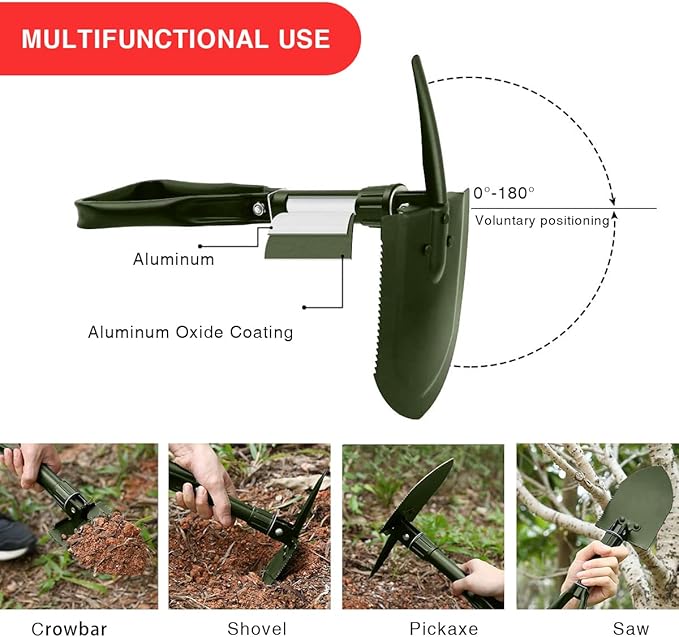 24.5" Collapsible Shovel, Heavy Duty Foldable Shovel for Camping and Pickax, Military Entrenching Tool for Gardening, Camping, Digging Dirt, Sand, Mud&Snow, Off Road, Car Emergency kit
