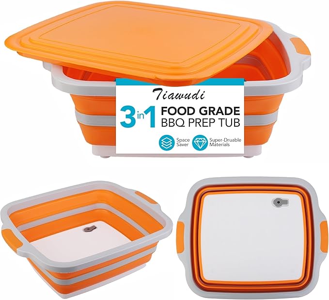 Collapsible Cutting Board with Container, Foldable Camping Sink with Colander, BBQ Prep Tub with Lid, Multifunction Dish Basin for Kitchen, Bowl, Vegetable and Fruit, 2.11 Gal/8L Storage Basket