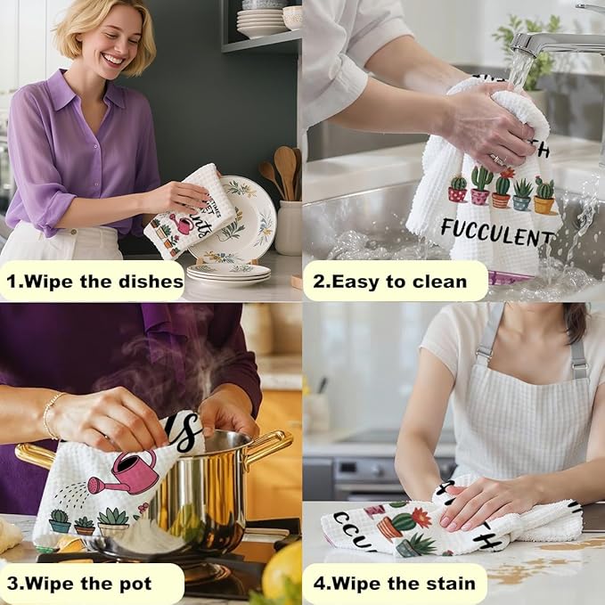 2PCS Gardening Gifts for Plant Lovers Kitchen Towel, Succulent Cactus Plant Gifts for Women Lady Mom Gardener Teacher, Kitchen Hand Towels , Waffle Weave Dish Tea Towels