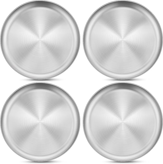 Homikit Stainless Steel Kids Plates Set of 4, 8 Inch 304 Metal Dinner Plates for Kids Toddler Children, 4-Piece 18/8 Non Toxic Dinner Dishes Set for Serving Camping, Dishwasher Safe & Reusable
