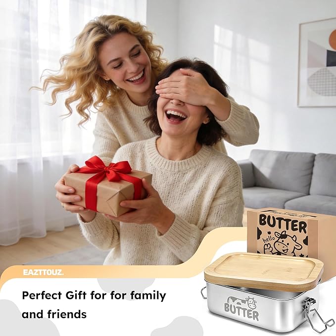 Stainless Steel Butter Dish with Lid, Airtight Cow Butter Keeper for Refrigerator & Countertop, Kitchen, Camping & Travel,Fits East & West Coast Butter (Medium)