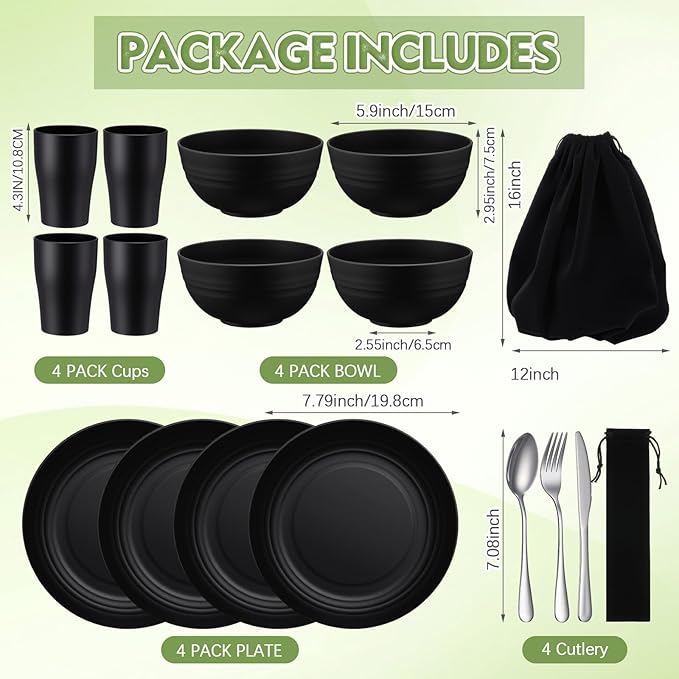 Teenyyou 4 Sets Camping Mess Kits for 4 Person Camping Silverware Set Include Cup, Bowl, Plate, Knife, Spoon, Fork Cutlery Set Unbreakable Wheat Straw Dinnerware Utensils for Travel
