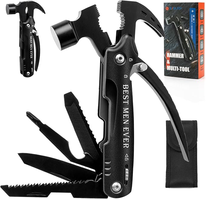 BIBURY 12-in-1 Multitool Hammer, Heavy Duty Survival Gear with Safety Lock, Fathers Day Gift for Dad Husband Men, Portable EDC Multi Tool Gadgets for Camping Hiking Car Emergency