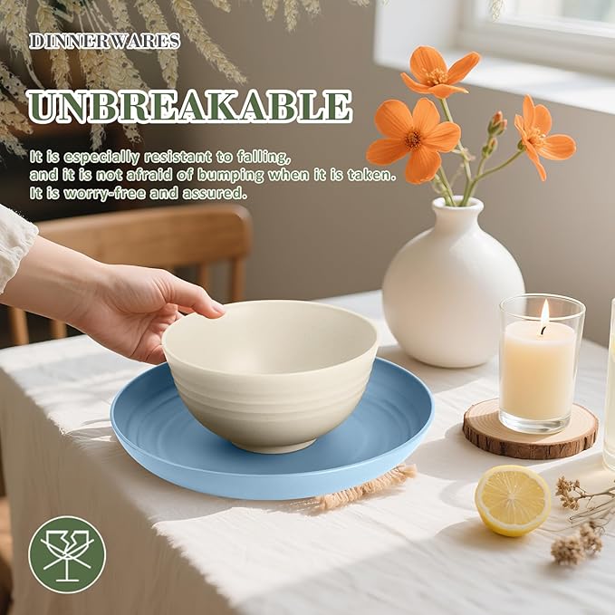 Wrova Wheat Straw Kids Plates and Bowls Sets,Unbreakable Kids Dinnerware sets with Flatwares,Lightweight Reusable Camping Plates and Bowls Sets.Nordic Series