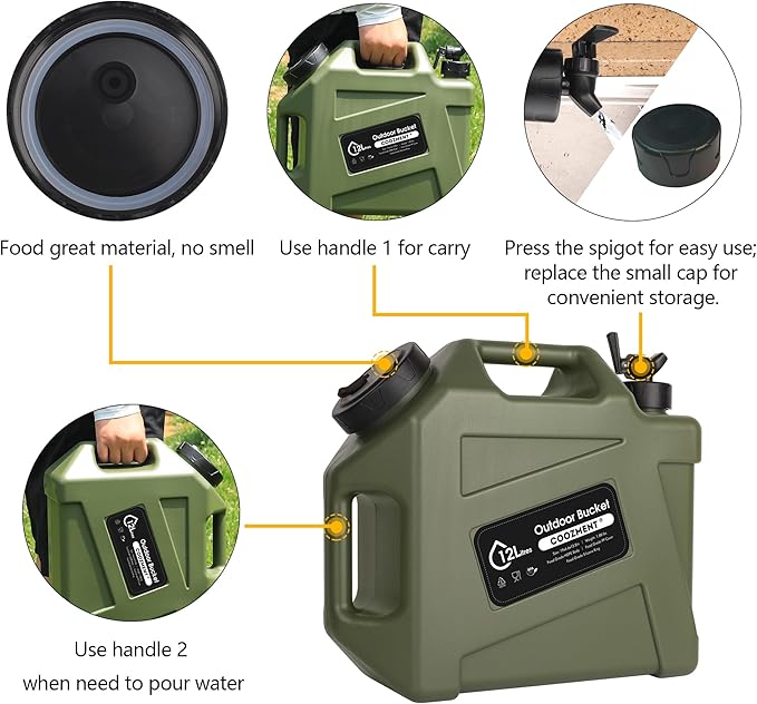COOZMENT 3.2 Gallon/5 Gallon Water Containers with Spigot, BPA Free Water Jug, Military Green Water Tank, Multifunction Water Storage Containers for Camping Outdoor Hiking,Emergency Stroage