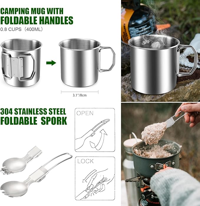 Odoland 8pcs Camping Cookware Mess Kit, Camping Pot and Pan Set with Mini Backpacking Stove, Stainless Steel Cup, Spork and Tank Bracket, Cooking Gear for Outdoor, Hiking, Picnic, Campfire