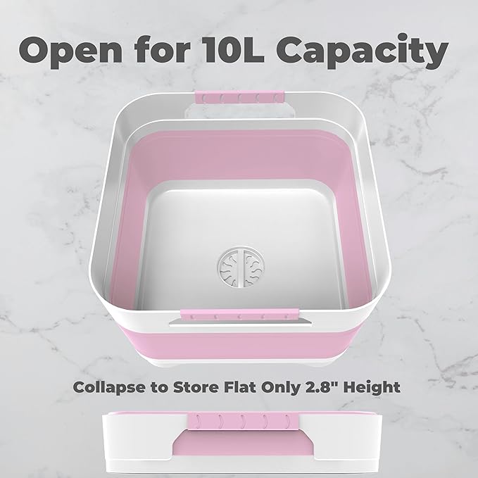 GIMWA 2.6 Gal(10L) Collapsible Wash Basin for Baby Bottles,Pink Space-Saving Collapsible Dish Basin with Drain Plug for bottle washing, Collapsible Bucket for RV Kitchen Essentials
