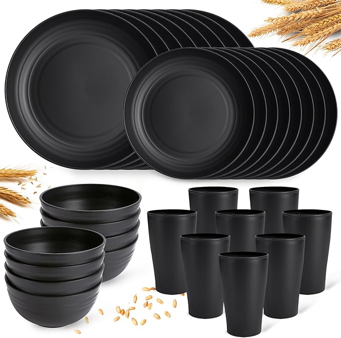 Black Plates and Bowls Sets for 8,32 Pcs Wheat Straw Dinnerware Sets Black Plastic Reusable Dishwasher Safe for Kitchen Camping,Lightweight Unbreakable Plastic Dishes Set Outdoor or Every Day Use