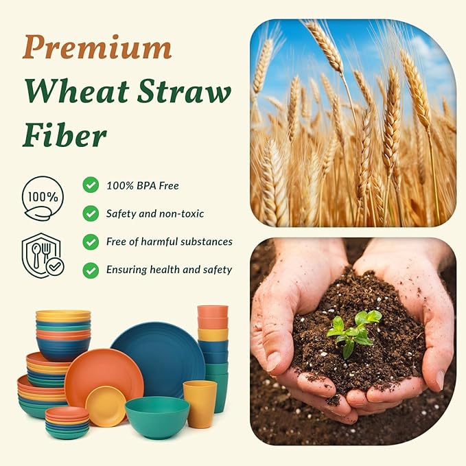Homienly 40-Piece Unbreakable Wheat Straw Dinnerwave Sets Plates and Bowls Sets for Kitchen, RV, Dorm, Lightweight Camping Dishes Set, Service for 8, Microwave and Dishwasher Safe Dish Sets (Multi)