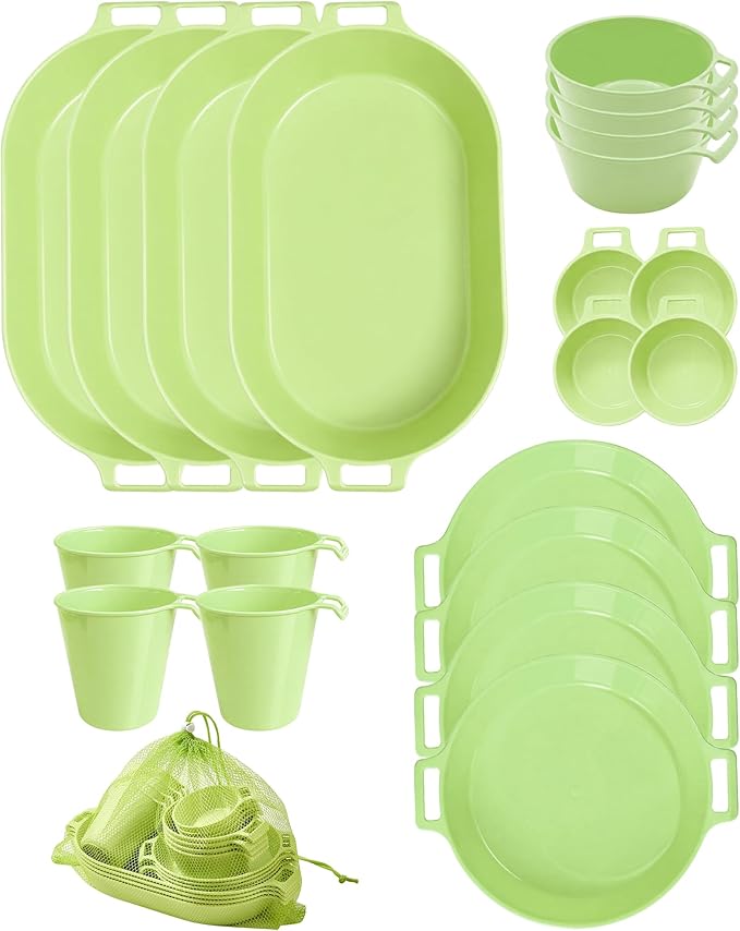 Dinnerware Set for 4, 21-Piece Reusable Plates and Bowls Set with Mesh Bag, Cups, Sauce Dishes and Serving Platters, Lightweight Outdoor Dish Set for Picnic, RV, Patio, BBQ, Sage Green