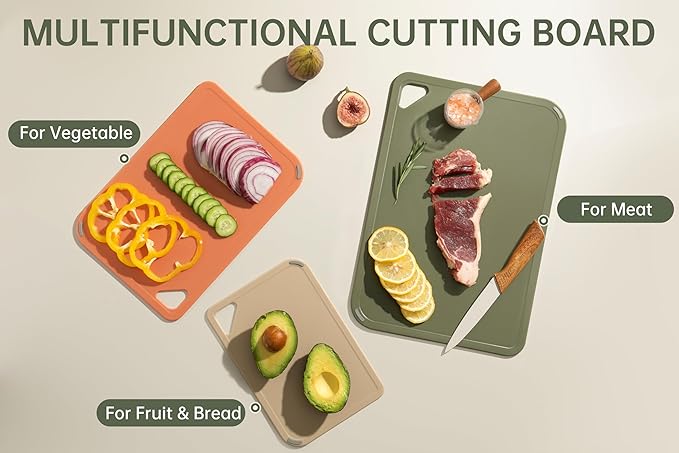 THETCHRY Plastic Cutting Board Set, Cutting Boards for Kitchen BPA Free, Large-Small Chopping Boards Set of 3 Non-Slip for Cooking Camping Dishwasher Safe, Reversible, with Grip Handle, 15"×10"×0.6"