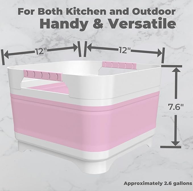 GIMWA 2.6 Gal(10L) Collapsible Wash Basin for Baby Bottles,Pink Space-Saving Collapsible Dish Basin with Drain Plug for bottle washing, Collapsible Bucket for RV Kitchen Essentials