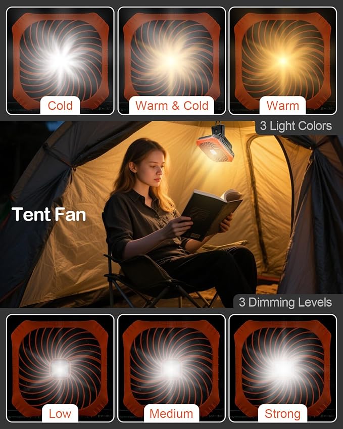 Odoland Portable Camping Fan with LED Lantern, 40H Rechargeable Battery Operated Quiet Tent Fan with Hanging Hook for RV Car Beach Outdoor Hurricane Emergency Outages