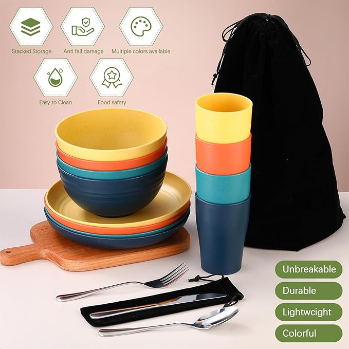 Teenyyou 4 Sets Camping Mess Kits for 4 Person Camping Silverware Set Include Cup, Bowl, Plate, Knife, Spoon, Fork Cutlery Set Unbreakable Wheat Straw Dinnerware Utensils for Travel
