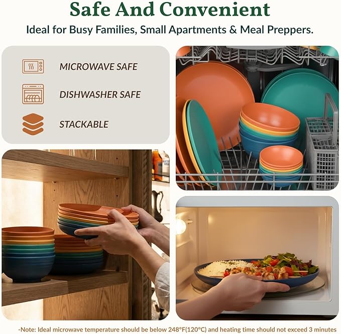Homienly 40-Piece Unbreakable Wheat Straw Dinnerwave Sets Plates and Bowls Sets for Kitchen, RV, Dorm, Lightweight Camping Dishes Set, Service for 8, Microwave and Dishwasher Safe Dish Sets (Multi)