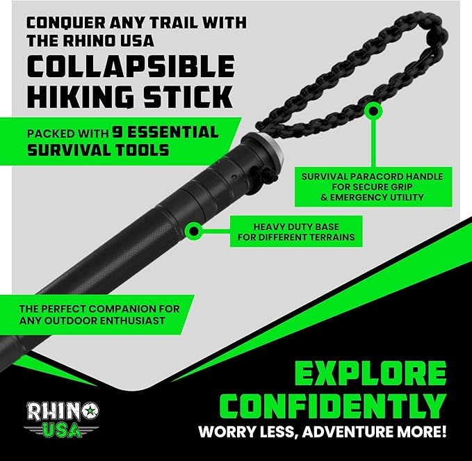 Rhino USA Tactical Hiking Stick with Integrated Survival Kit – Essential Camping Gear for Hiking & Trekking – Durable Tactical Gear for Outdoor Adventures