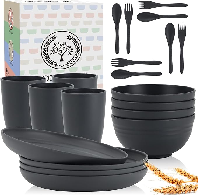 Wheat Straw Dinnerware Sets, Homienly 20pcs Unbreakable Microwave Dishwasher Safe Tableware Lightweight Bowls, Cups, Plates Set Reusable Dinner Plates Bowls set (Dark Grey)