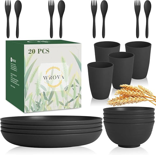Wrova Wheat Straw Dinnerware Sets of 20,Alternative to Melamine dinnerware sets with Flatwares Dishwasher Safe,Lightweight and Unbreakable Camping Dishes for R.V.(Black)
