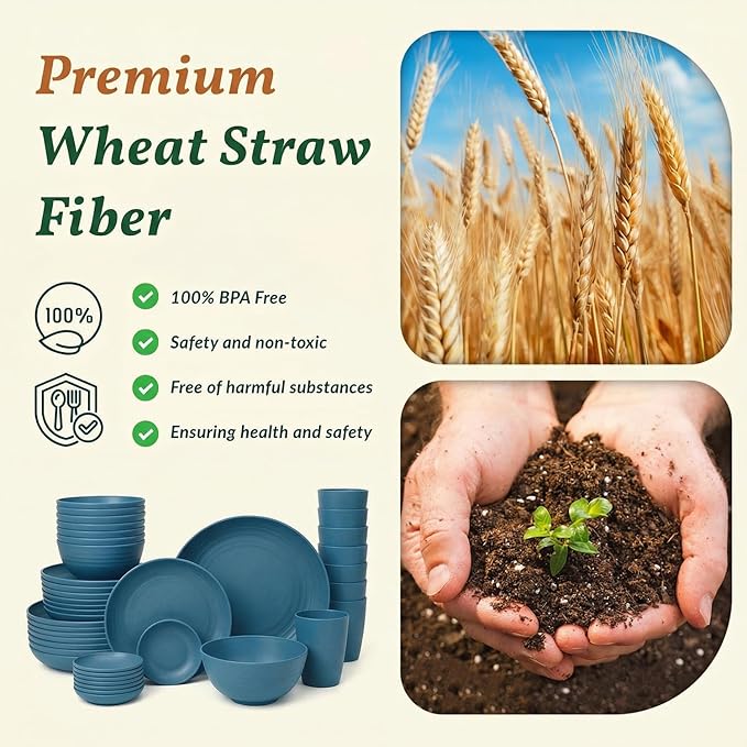 Homienly Wheat Straw Dinnerware Sets for 8, 40 Pcs Unbreakable Plates and Bowls Sets, Microwave Dishwasher Safe Dish Set, Reusable Plastic Dishes for Kitchen, Camping, Deep Plates for Salad (Blue)