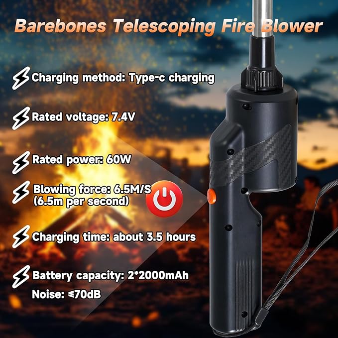 Telescoping Electric Fire Blower, Blow Poke Fireplace Tool - 2-in-1 Fire Poker & Bellows for Indoor Fireplace, Outdoor Camping, BBQ, Wood Stove & Fire Pit, Portable Collapsible Fire Starter Tool （1PC）