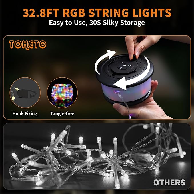 TOHETO 2-Pack Camping String Lights, 3 in 1 Upgraded Retractable RGB Outdoor String Lights with 19 Lighting Modes, Quick 30s Recovery, 32.8 FT Portable Tent Light, Rechargeable Camping Lantern (Black)