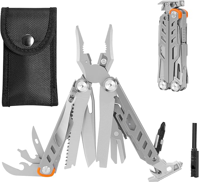 HANSHI Multitool Pliers, 22-in-1 YG10 Tungsten Steel Multi Tool with Scissors,Replaceable Wire Cutters, Flint, Window Breaker, Back Clip,Ideal for Camping, Survival and Gift(Silver)