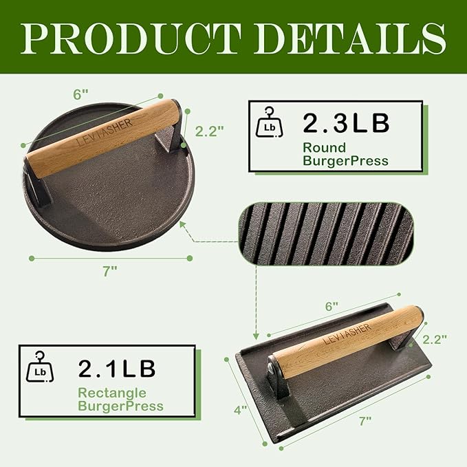 2Pack 2.3lb Steak Weight & Burger Press, Striped Base, 7" Round 7"X4" Heavy Duty Cast Iron Grill Press with Wood Handle for Blackstone, Chef, Camp, Panini, Vegetable, Bacon, Sandwich, BBQ