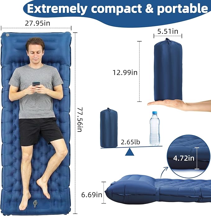 Camping Sleeping Pad, 4.7" Extra-Thick Camping Mattress with Pillow, Built-in Foot Pump Ultralight Inflatable Sleeping Pads for Camping Hiking Backpacking Traveling Tent, Navy Blue, Single