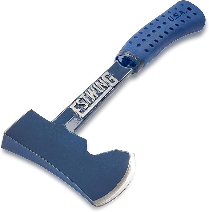 ESTWING Camper's Axe - 14" USA Made Blue Hatchet with Tent Stake Puller & Shock Reduction Grip - E6-25A